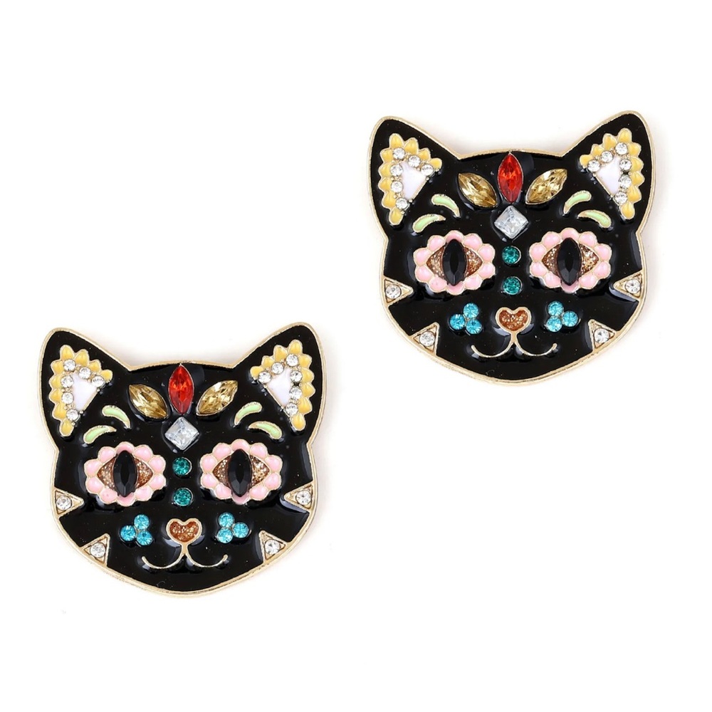 Betsey Johnson Black Enamel Crystal Cute Cat Kitten Animal Stud Earrings